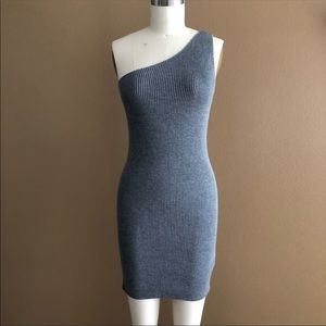 Zara - Grey One Shoulder Knit Ribbed Mini Dress M